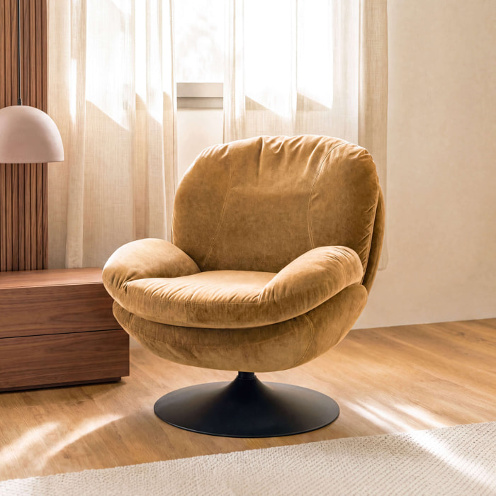 Fauteuil pivotant en tissu effet velours jaune moutarde - Ricci