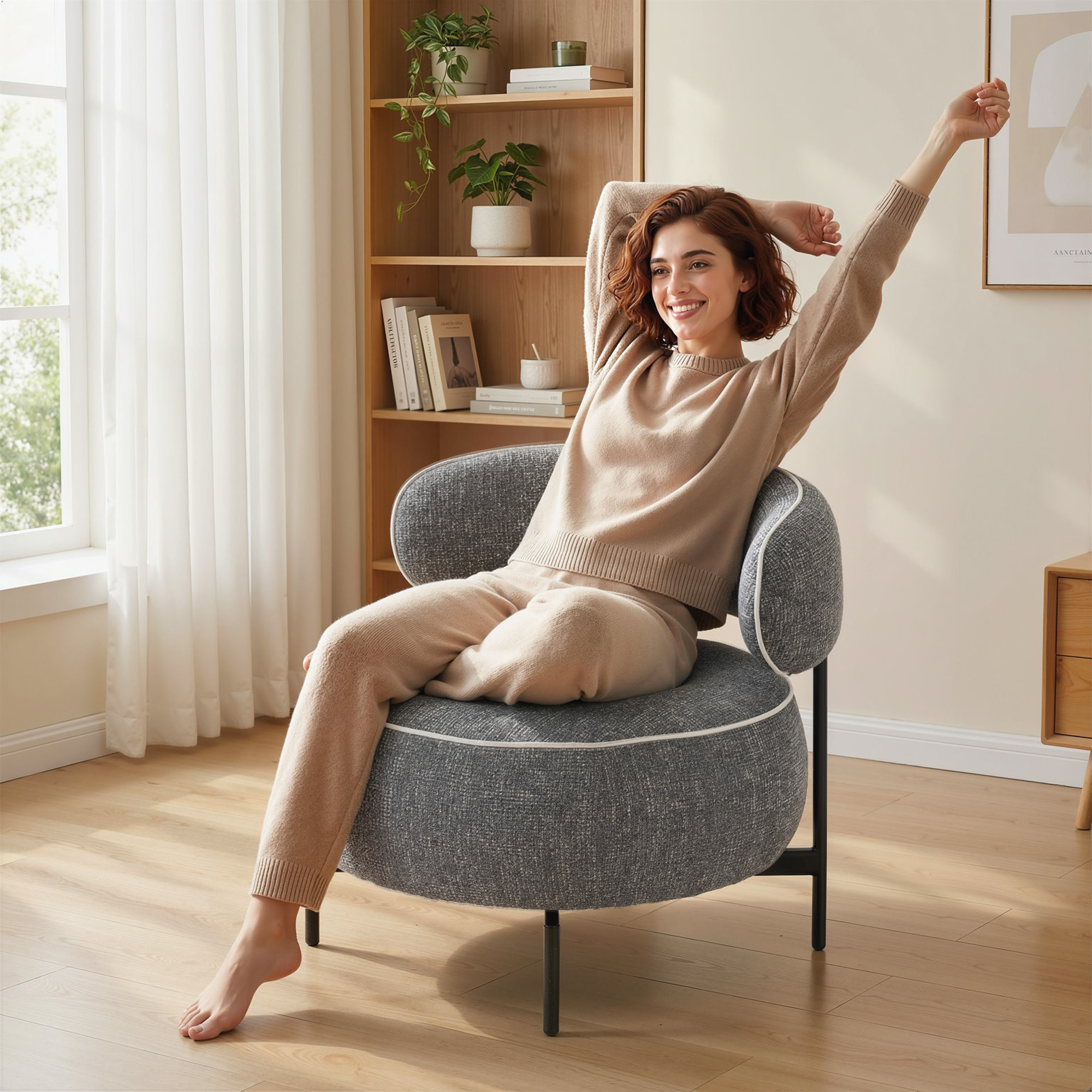 Butaca de Salón con Asiento Giratorio, Sillón de Salón, Tapizado en Lino, con Asiento Amplio, Acolchado Grueso, Patas de Metal para Dormitorio, Lectura, Gris Oscuro