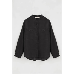 Camisa negra de ramio con cuello mao y corte holgado con bordado Polo Club