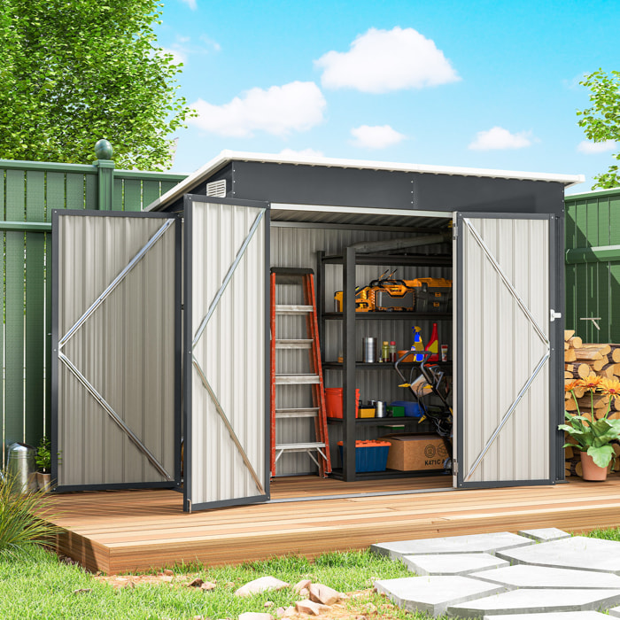 Caseta de Jardín Exterior 2,7 m², 234x132x185 cm, Cobertizo de Jardín Exterior Metálico con Triple Puerta, Cerradura, Techo Inclinado y Ventilación para Almacenamiento de Herramientas, Gris