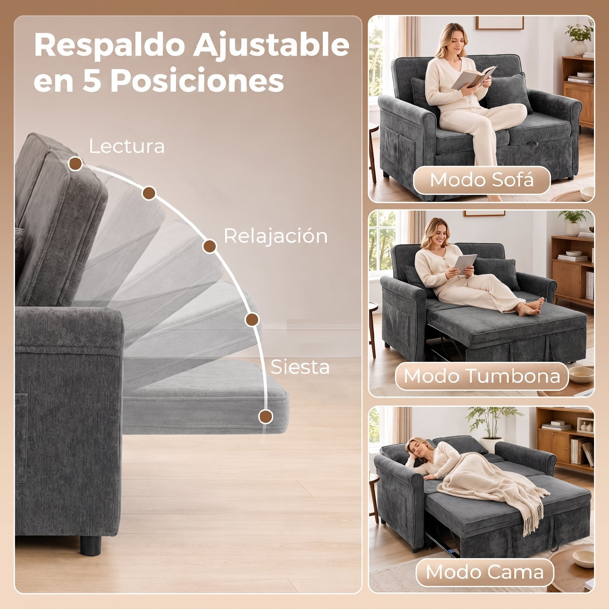 Sofá Cama 2 Plazas 3 en 1, Sofá Cama de Tejido Chenilla con Respaldo Ajustable 5 Niveles, Bolsillos Laterales, 2 Cojines y Reposabrazos Redondeados para Sala de Estar, Espacios Pequeños, Gris