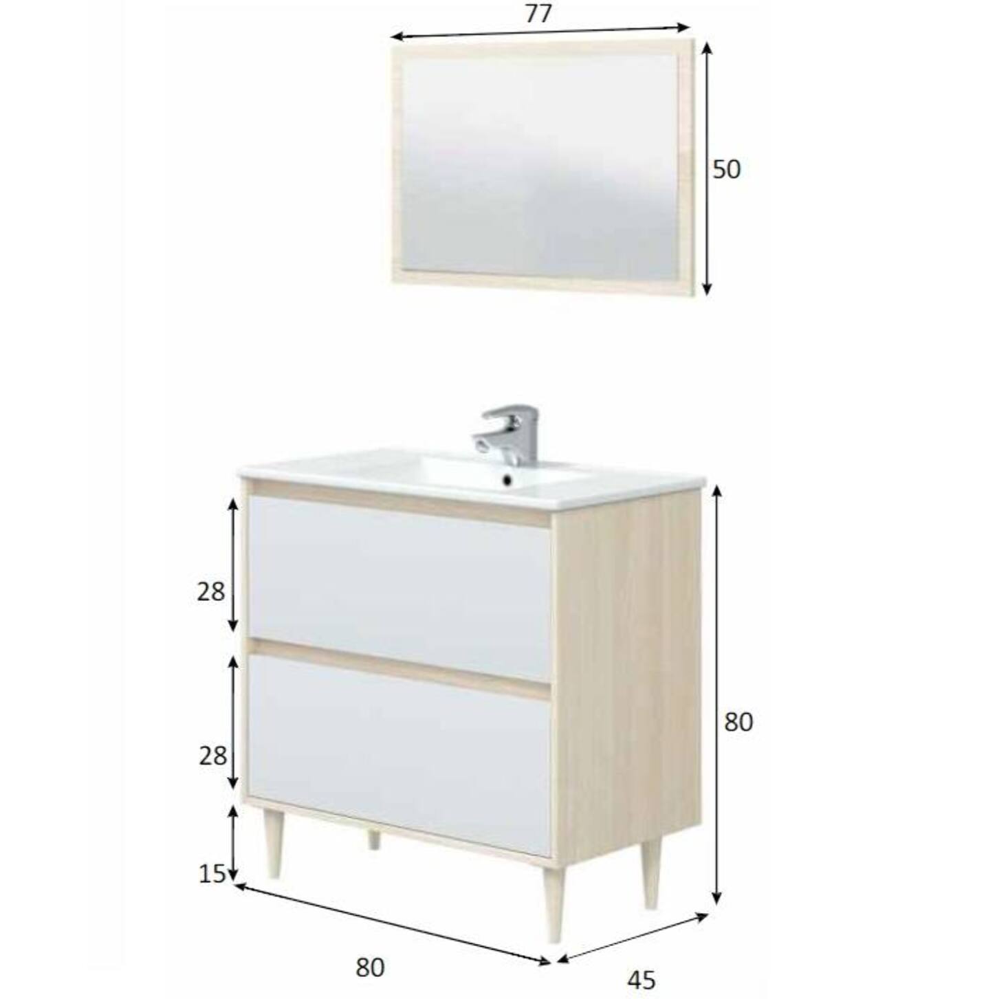 Mobile sottolavabo Berillo, Sotto lavabo bagno, Mobiletto da bagno con specchio, Lavabo non incluso, 80x45h80 cm, Bianco lucido e Rovere