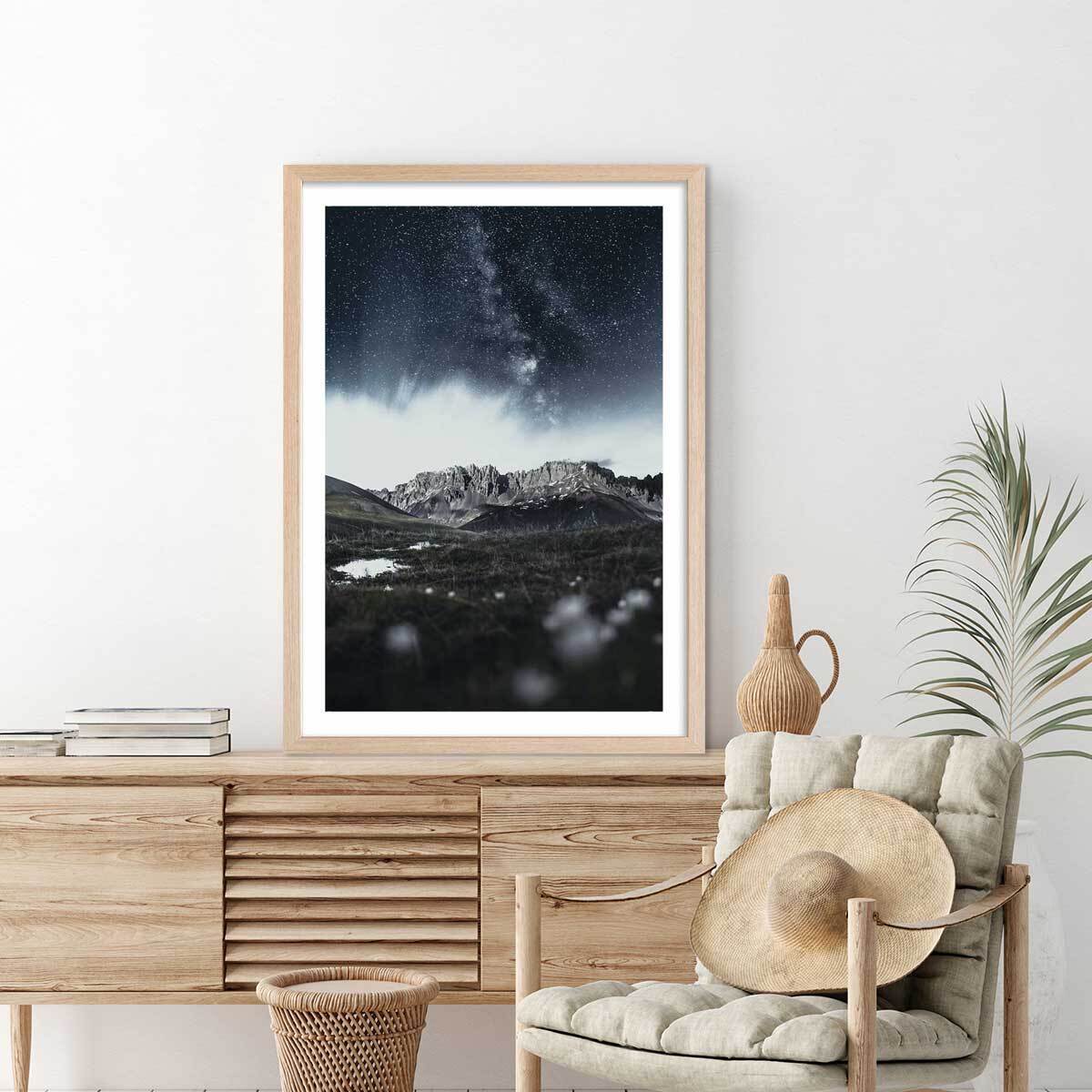 Affiche paysage la tête dans les etoiles Affiche + cadre en bois - Chêne