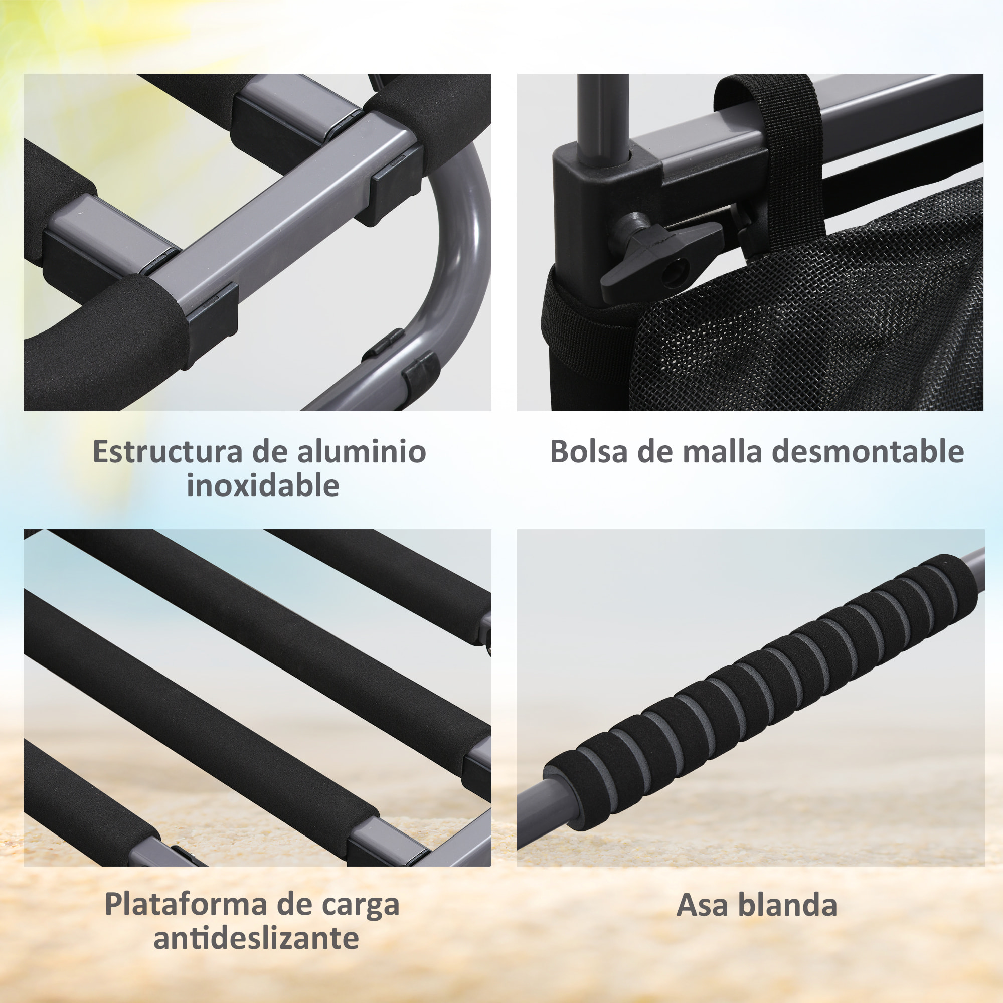 Carro Playa Plegable, Carro Transporte con Grandes Ruedas de 30 cm para Todo Terreno, con Bolsillo de Malla y Mango Telescópica de Aluminio, para Jardín, Campaña, Compra, Carga 150 kg, Gris