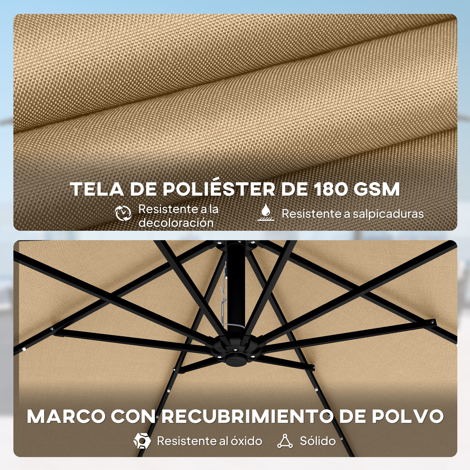 Parasol Excéntrico con Luces LED Solares, Ø330 cm, Sombrilla de Jardín con Base Cruzada, Manivela, Funda Protectora y Cuerda de Viento, Anti-UV 50+, para Terraza, Patio, Caqui