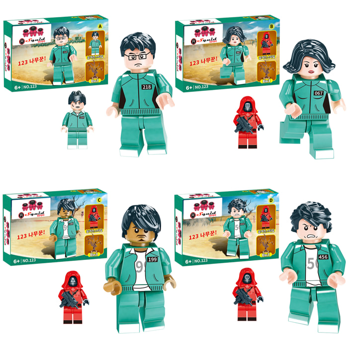 Expositor 16 uds. Set de 8 lotes de personajes Squid. Bloques construcción 24-30 piezas compatibles. 2 unidades de cada lote.