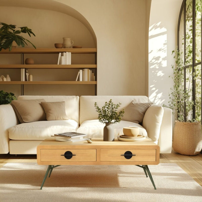 HELENA - Table basse 2 tiroirs pin couleur naturelle pieds métal vert