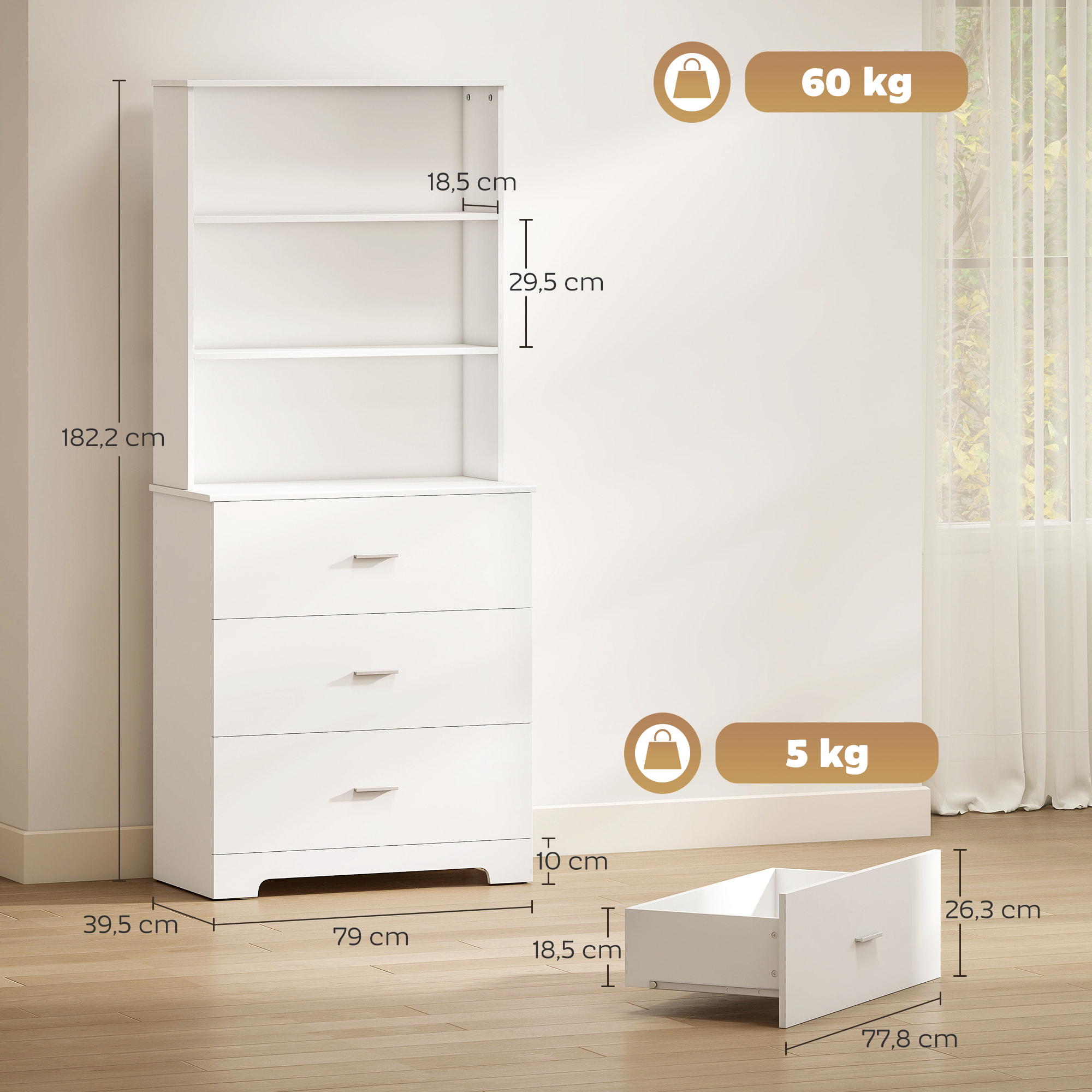Buffet haut 3 tiroirs 2 étagères dim. 79 x 39 x 182 cm blanc