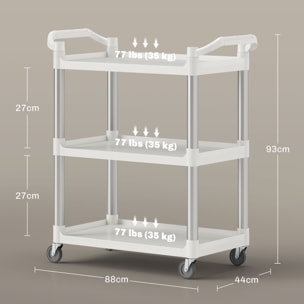 Carrito Auxiliar con Ruedas de Aleación de Aluminio Carrito de Cocina de 3 Niveles Carrito de Almacenamiento Carga 105 kg para Comedor Sala Baño 88x44x93 cm Blanco