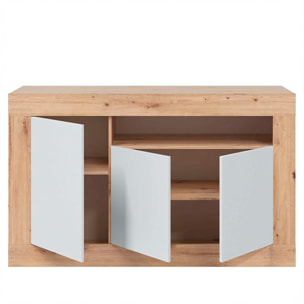 Credenza Moderna Madia A Terra Con 3 Ante Vano A Giorno E Ripiani Interni Mobile Contenitore In Melaminico Antigraffio 144x42x87 Cm Rovere e Bianco