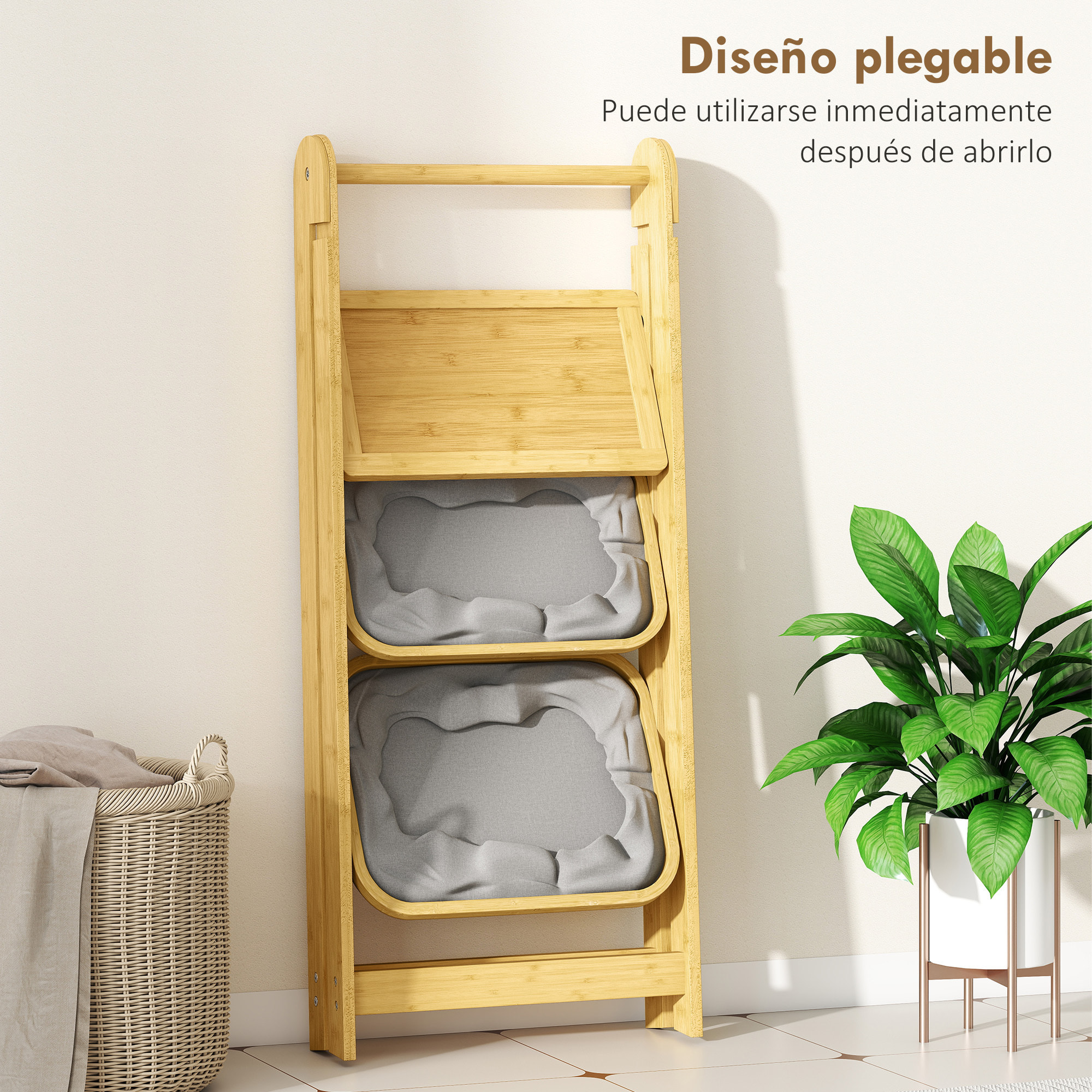Estantería para Baño Plegable de Bambú, Estante de Baño con 2 Cestos para Ropa Sucia, Estante Abierto, para Dormitorio, Lavadero, Gris