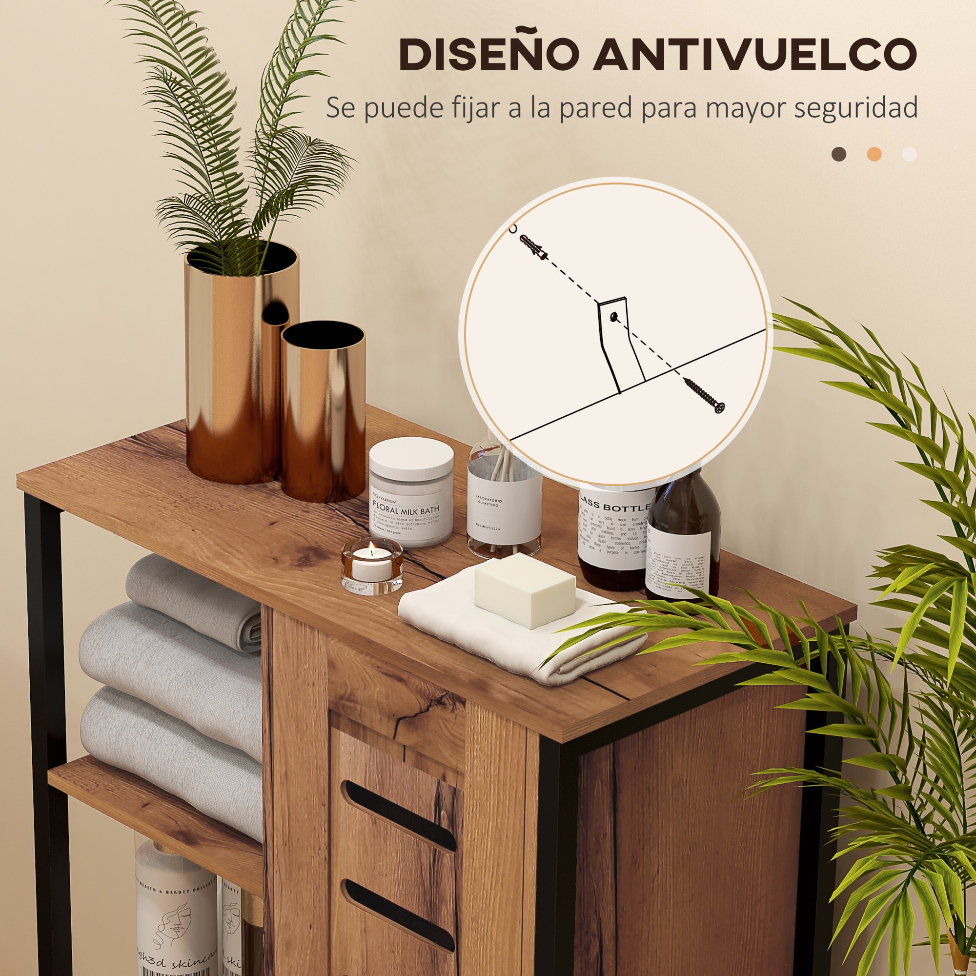 Armario de Baño Estrecho, Columna de Baño con Puerta de Lamas y 3 Compartimentos Abiertos, Estante Ajustable, para Salón, Dormitorio, Entrada, 60x30x85 cm, Marrón Rústico