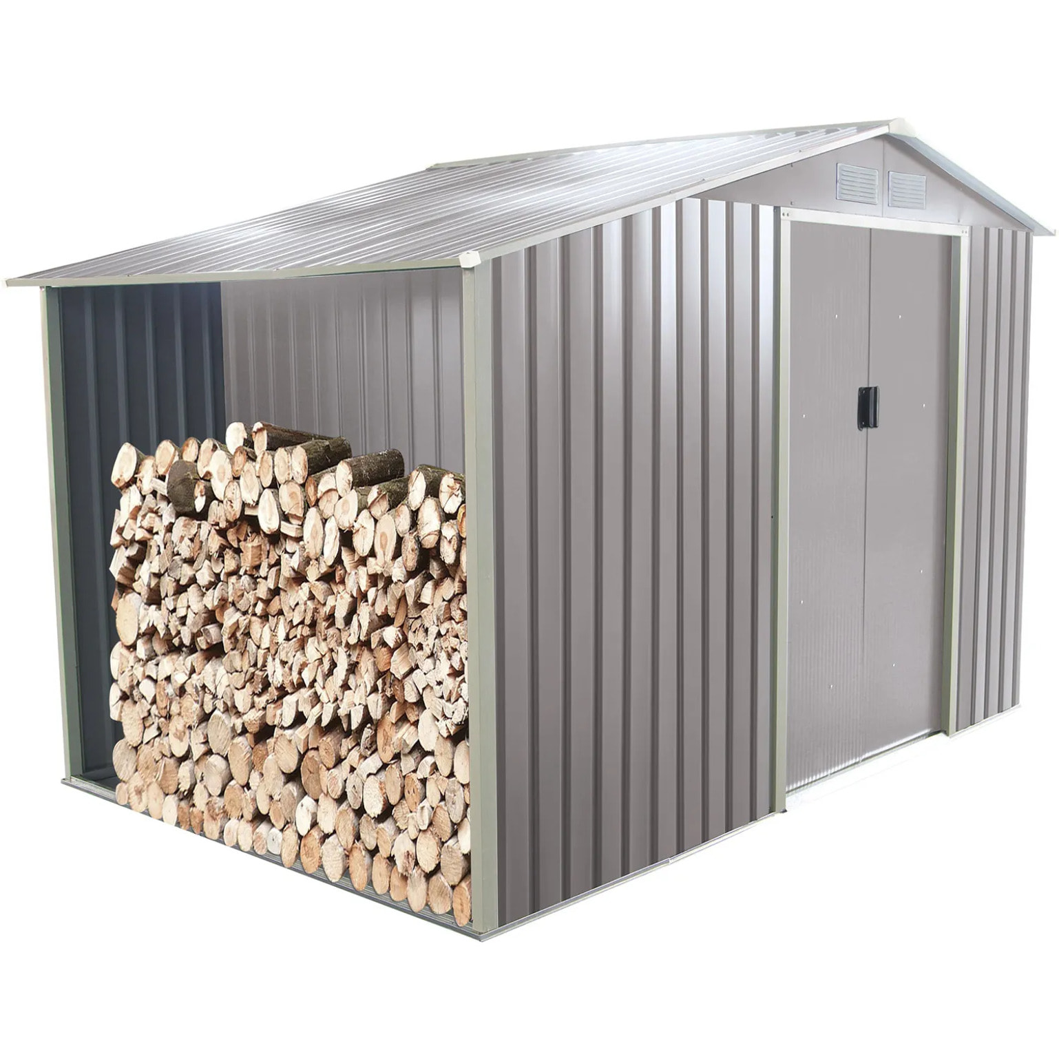 Abri de jardin métal gris châtaigne avec bûcher 6 m² + kit d'ancrage