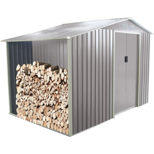 Abri de jardin métal gris châtaigne avec bûcher 6 m² + kit d'ancrage