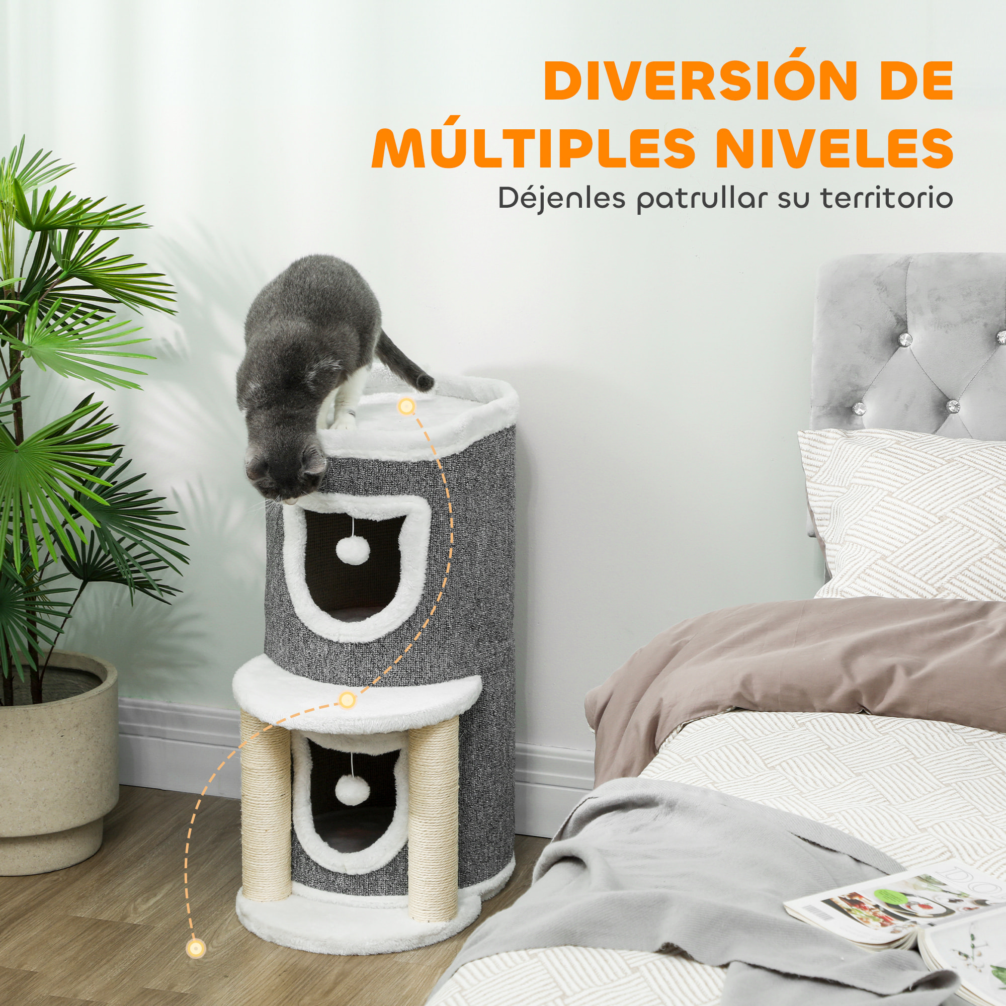 Árbol Rascador para Gatos, Árbol para Gatos 76 cm, Torre Escalador con Cama, 2 Cuevas, Postes de Sisal, Alfombra de Rascado, Bolas para Jugar, Gris
