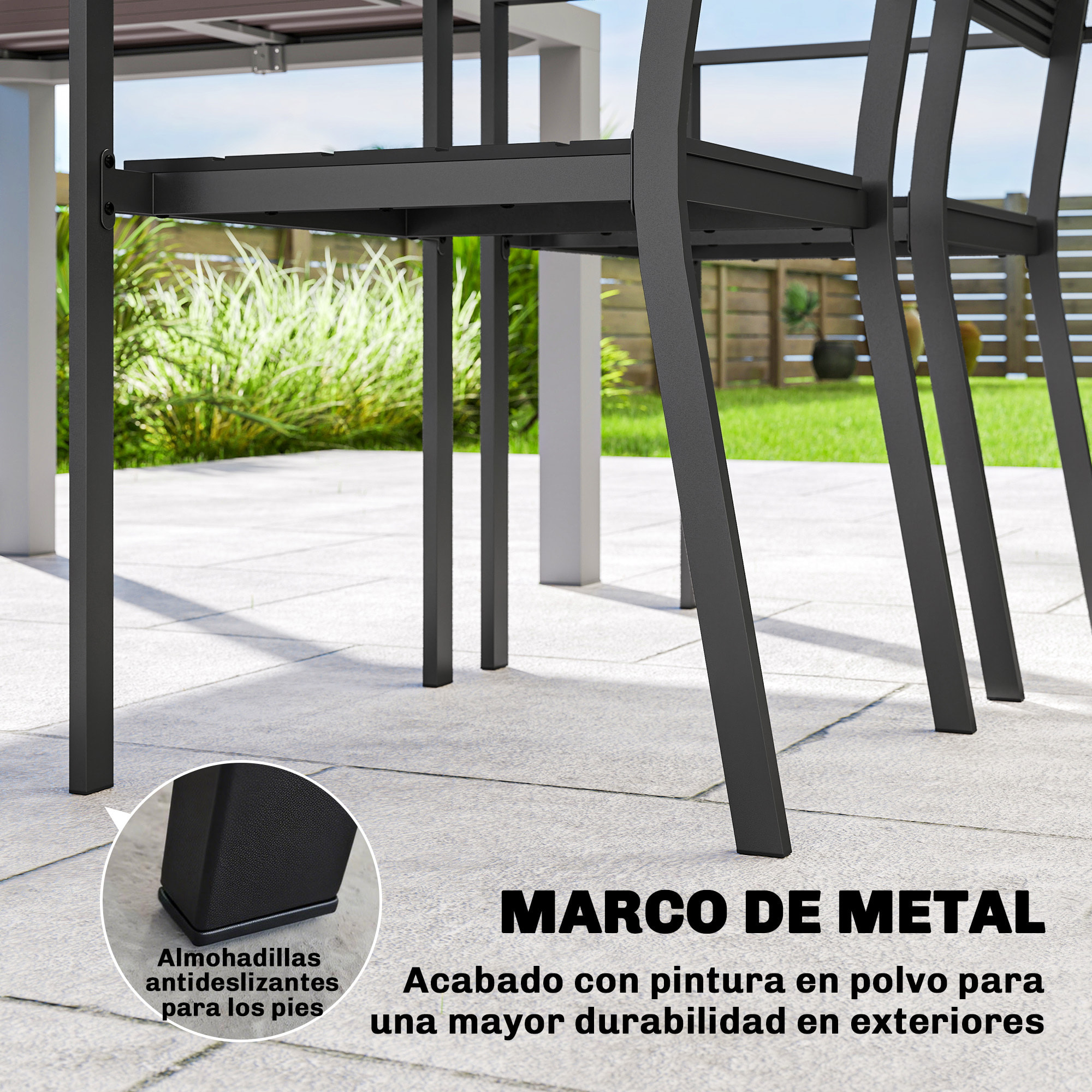Juego de 4 Sillas de Jardín Exterior Apilables, Sillas Terraza Exterior con Reposabrazos, Asiento y Respaldo de HDPE con Listones, Estructura Metálica Resistente, 52x51x90 cm, Negro