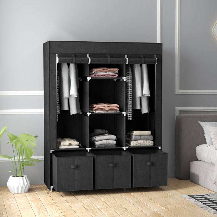 Armoire penderie pliable 5 étagères 2 tringles 3 tiroirs tissu noir