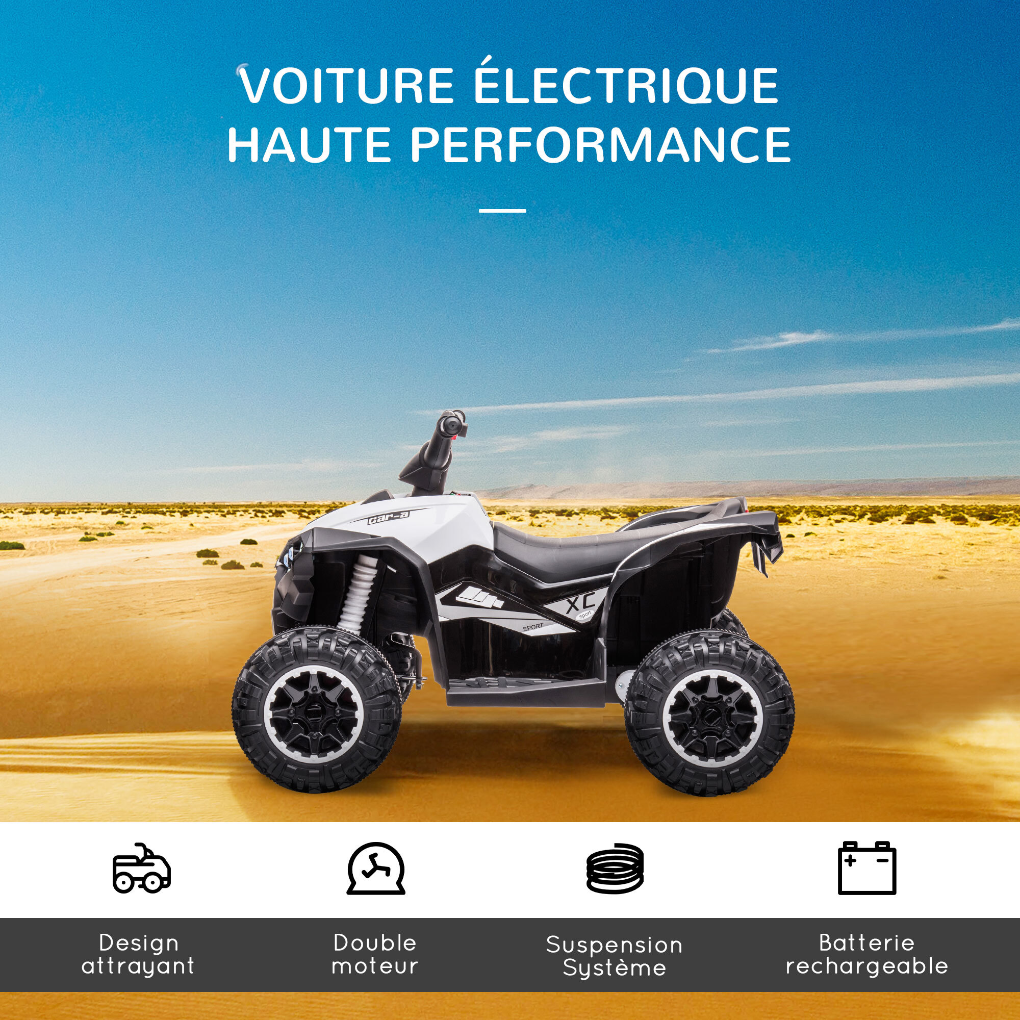 Quad buggy électrique enfant 12 V 3 Km/h max. effets lumineux et sonores blanc noir