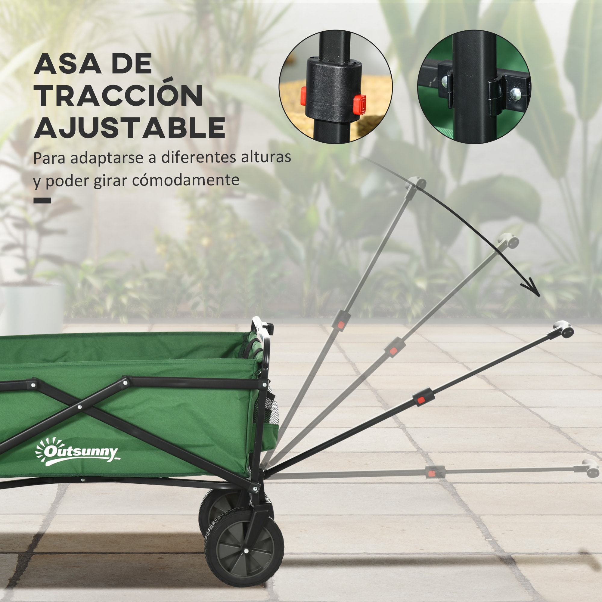 Carro Plegable Carretilla de Transporte con Mango Ajustable Rueda Universal Freno para Playa Jardín Camping Marco Acero Carga 40 kg 83x50x69-99 cm