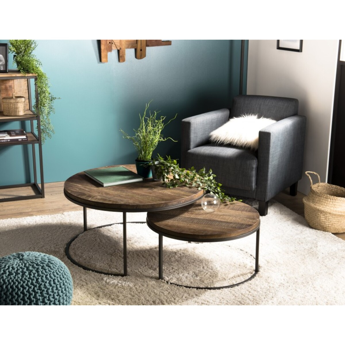 SIXTINE - Set de 2 tables basses gigognes rondes Teck recyclé Acacia Mahogany recyclé pieds métal noir