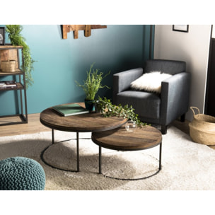 SIXTINE - Set de 2 tables basses gigognes rondes Teck recyclé Acacia Mahogany recyclé pieds métal noir