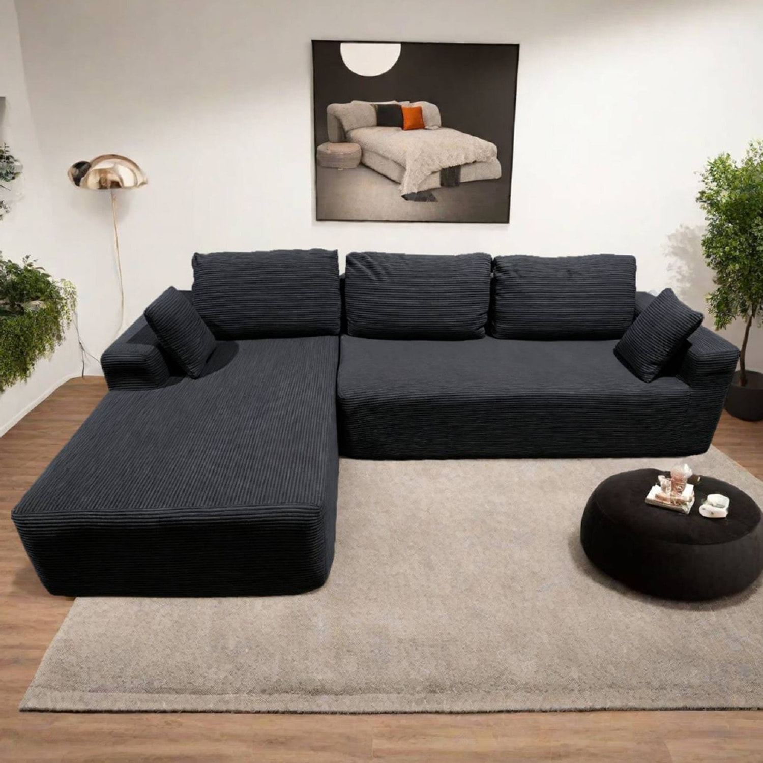 PRESTON Canapé d'angle 3 places en velours côtelé gris anthracite