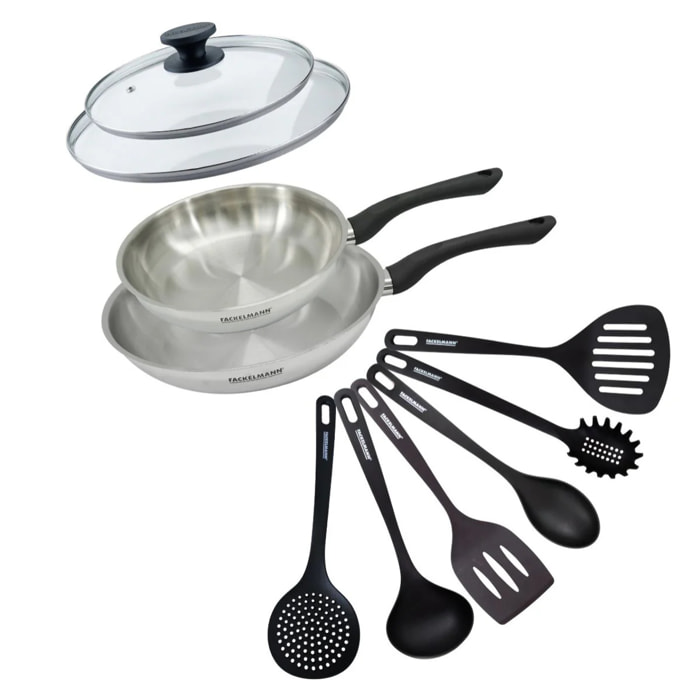 Set 2 poêles 24 et 28 cm en inox, couvercles verre et 6 ustensiles Fackelmann Geneva