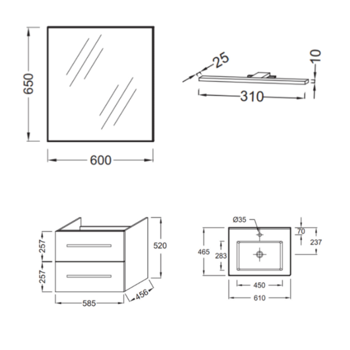 Pack meuble vasque 60 cm Ola up chêne + miroir + spot