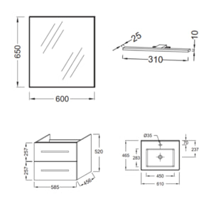 Pack meuble vasque 60 cm Ola up chêne + miroir + spot