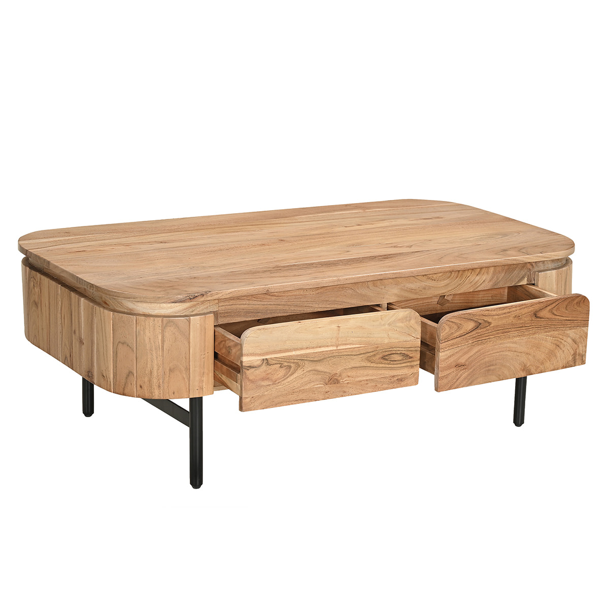 Table basse avec rangements en bois massif et métal noir 4 tiroirs L115 cm NAPOLI