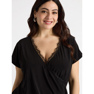 Fiorella Rubino - T-shirt con incrocio e bordi in pizzo - Nero