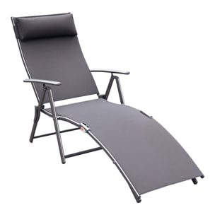 Tumbona Plegable Tumbona de Jardín con Respaldo Ajustable en 7 Niveles Almohada y Reposabrazos Carga 165 kg para Piscina Terraza Camping 137x63,5x100,5 cm Gris