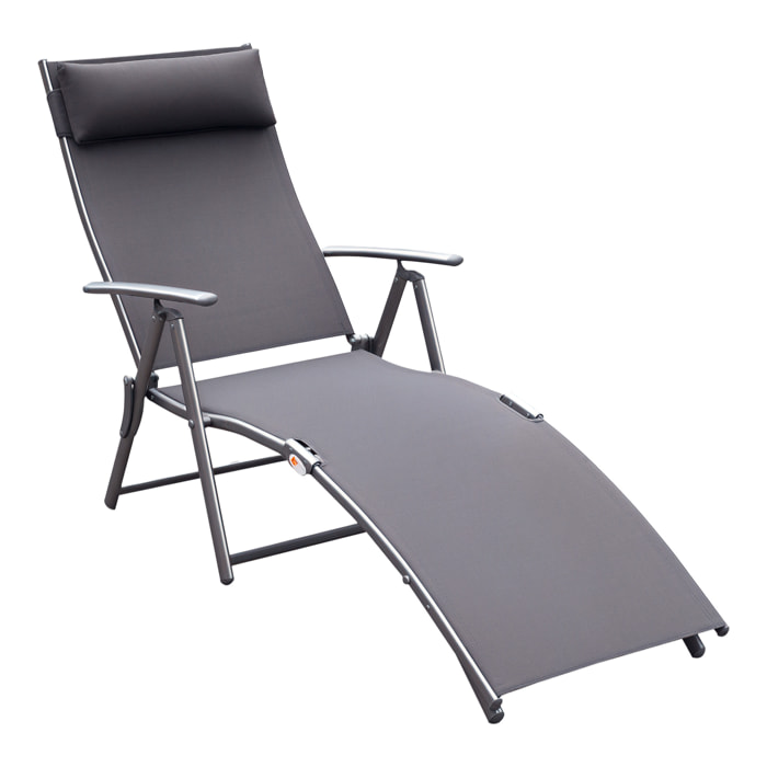 Tumbona Plegable Tumbona de Jardín con Respaldo Ajustable en 7 Niveles Almohada y Reposabrazos Carga 165 kg para Piscina Terraza Camping 137x63,5x100,5 cm Gris