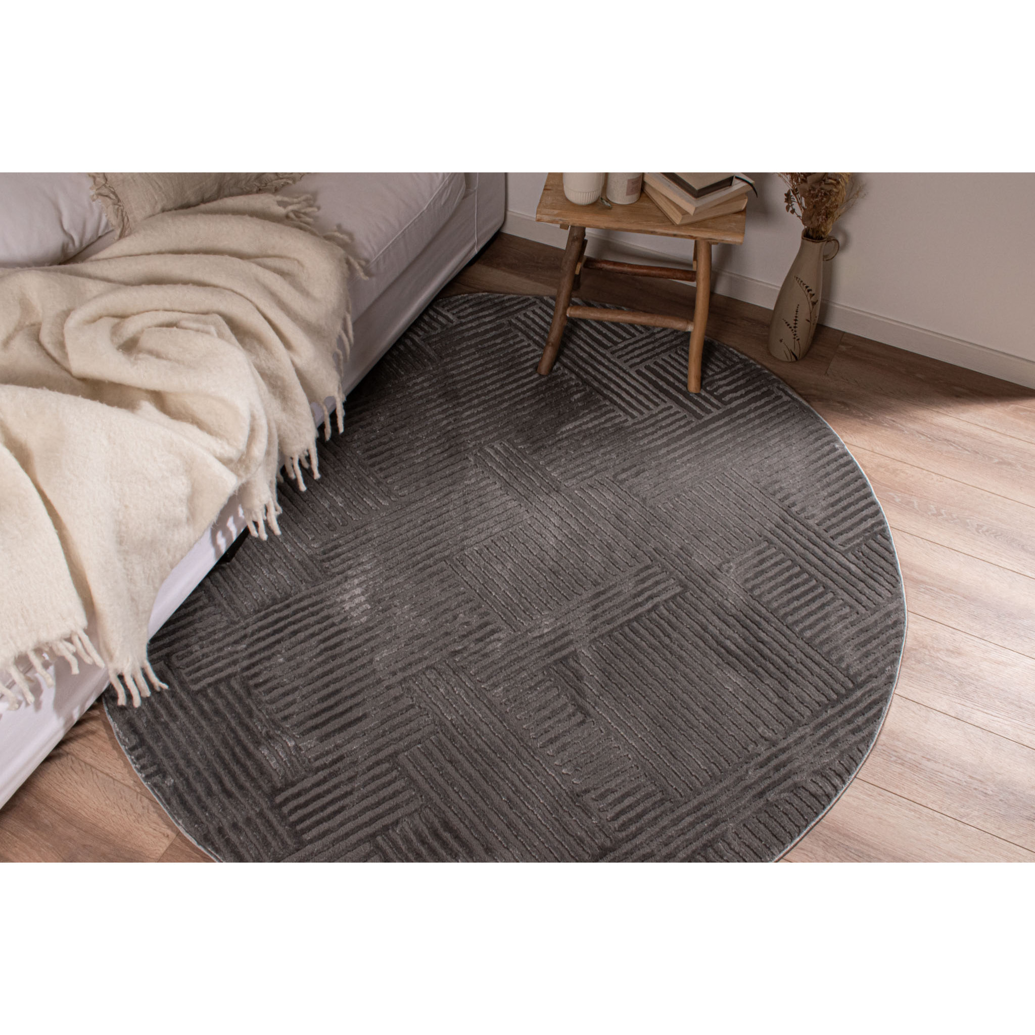 BIANCA - Tapis rond à motif graphique en relief - Gris