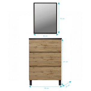 Pack Meuble Salle de Bains 50cm Chêne Naturel 3 Tiroirs, Vasque Noire et Miroir 50x70 à Cadre Noir