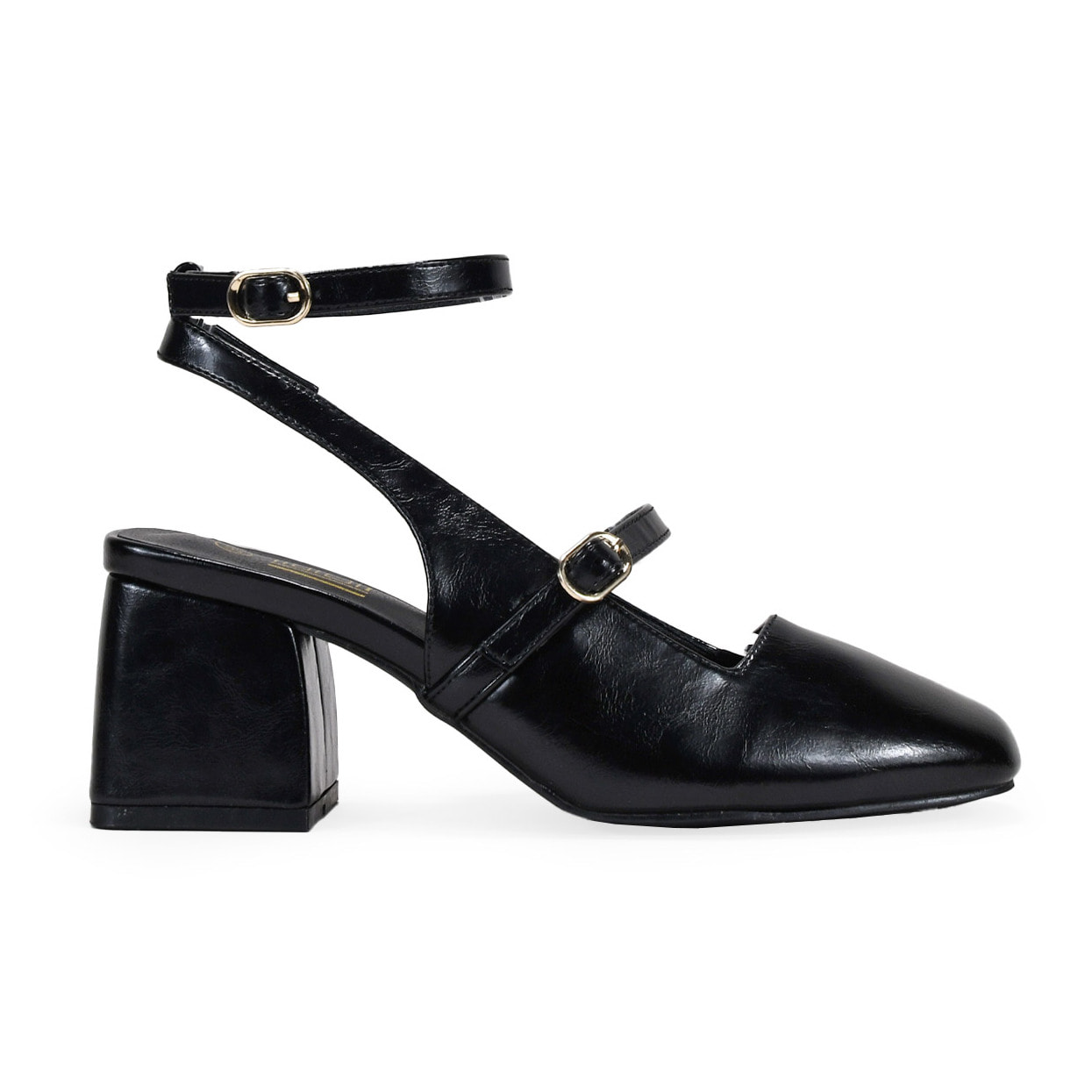 Zapatos Mary jane negros destalonados con hebillas