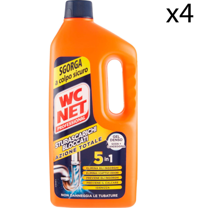 4x WC Net Professional Sturascarichi Bloccati Azione Totale contro Ingorghi e Cattivi Odori - 4 Flaconi da 1 Litro