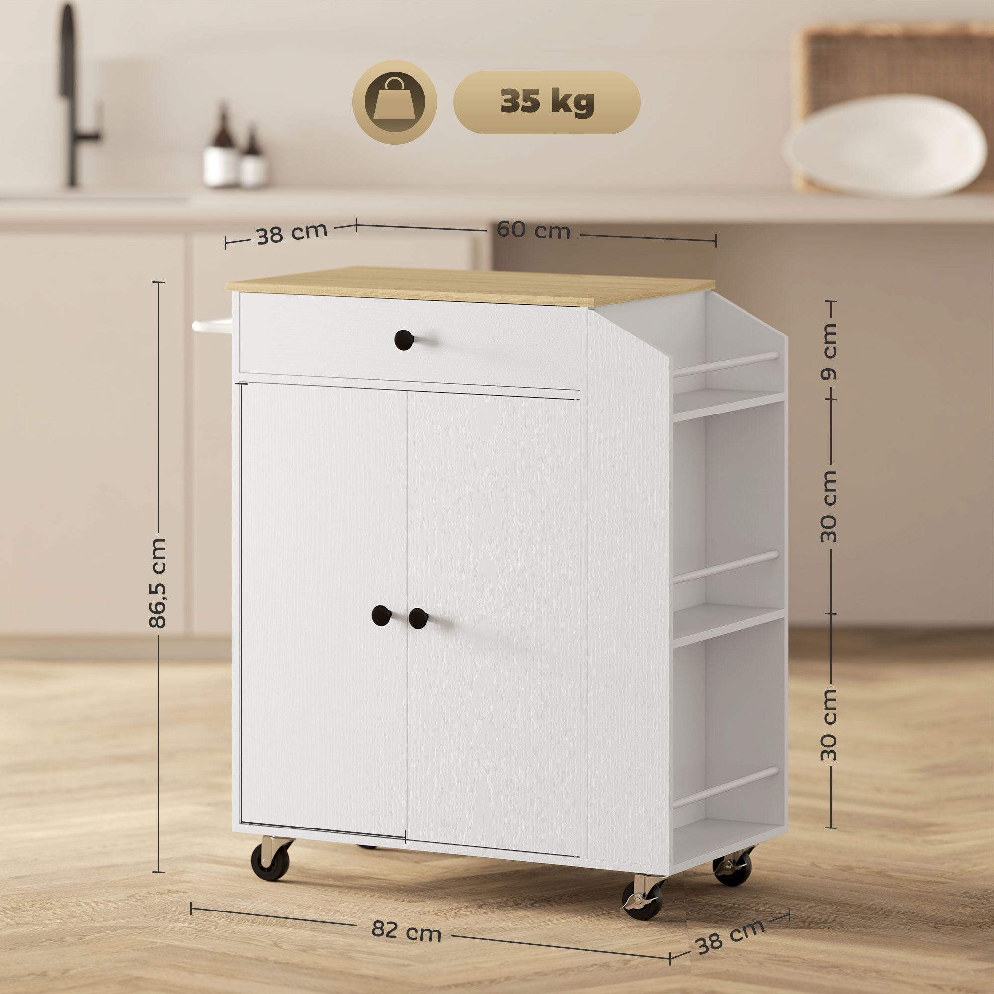 Isla de Cocina con Ruedas Carrito de Cocina Mueble Auxiliar de Cocina con 2 Puertas Cajón Especiero de 3 Niveles Toallero y Estante Ajustable 82x38x86,5 cm Blanco
