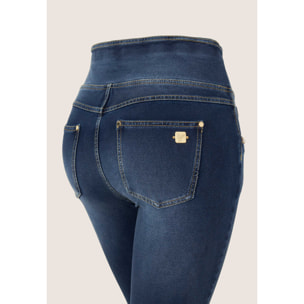 Pantaloni Vita Alta a incrocio in Jersey Denim effetto used