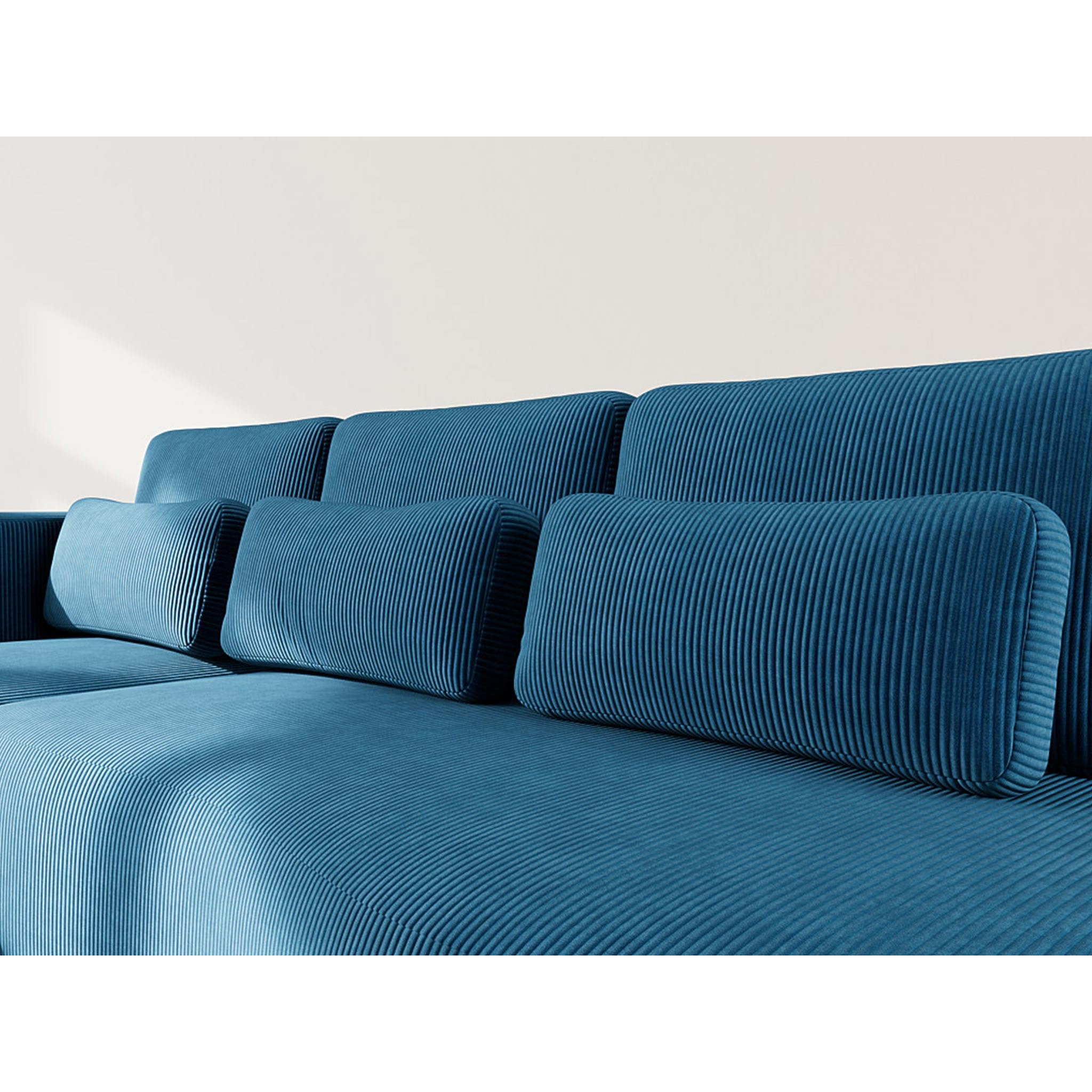 Mahina - canapé d'angle gauche 4 places convertible avec coffre en velours côtelé - Bleu