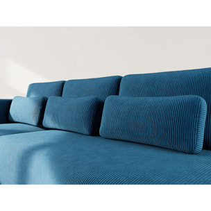 Mahina - canapé d'angle gauche 4 places convertible avec coffre en velours côtelé - Bleu