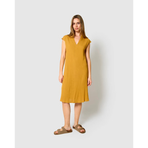 Vestido corto algodón lino ocre