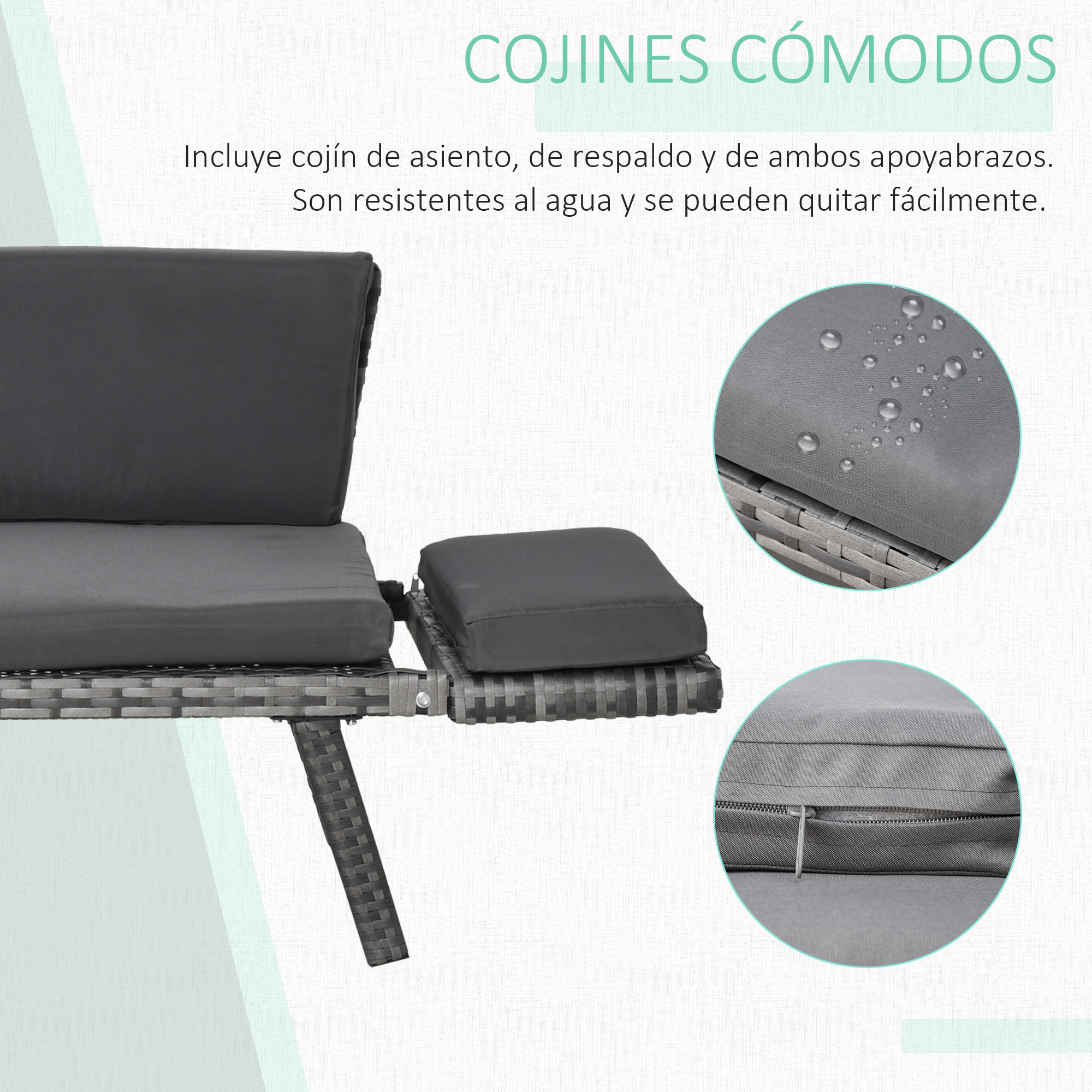 Outsunny Sofá de Ratán 2 Plazas Convertible Cama con Cojines Acolchados Gris