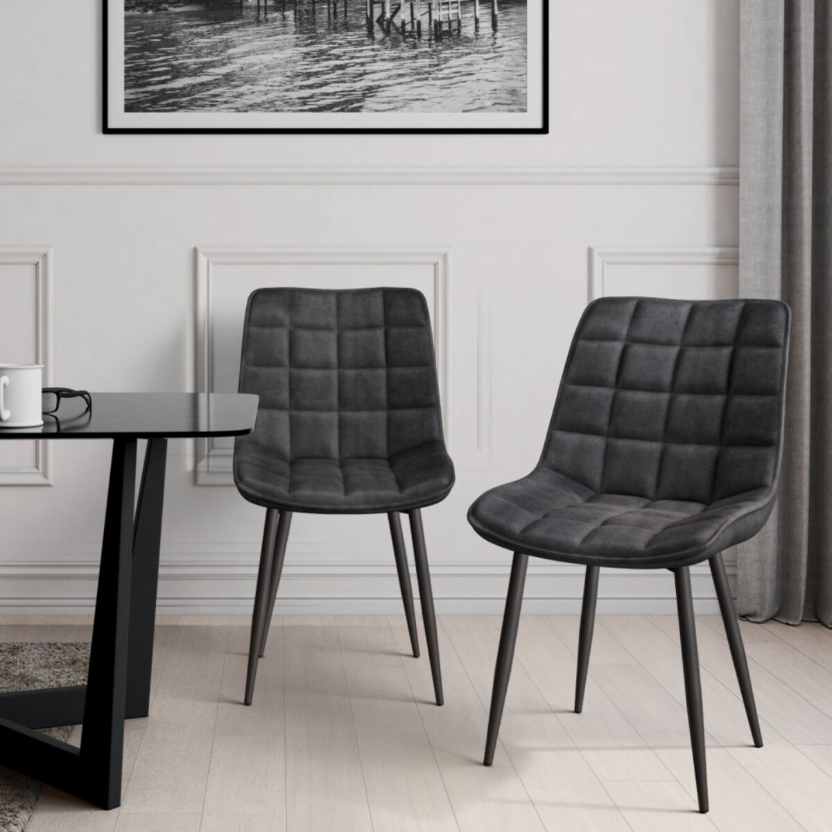 Chaises Melinda en velours - Gris - Pieds noirs