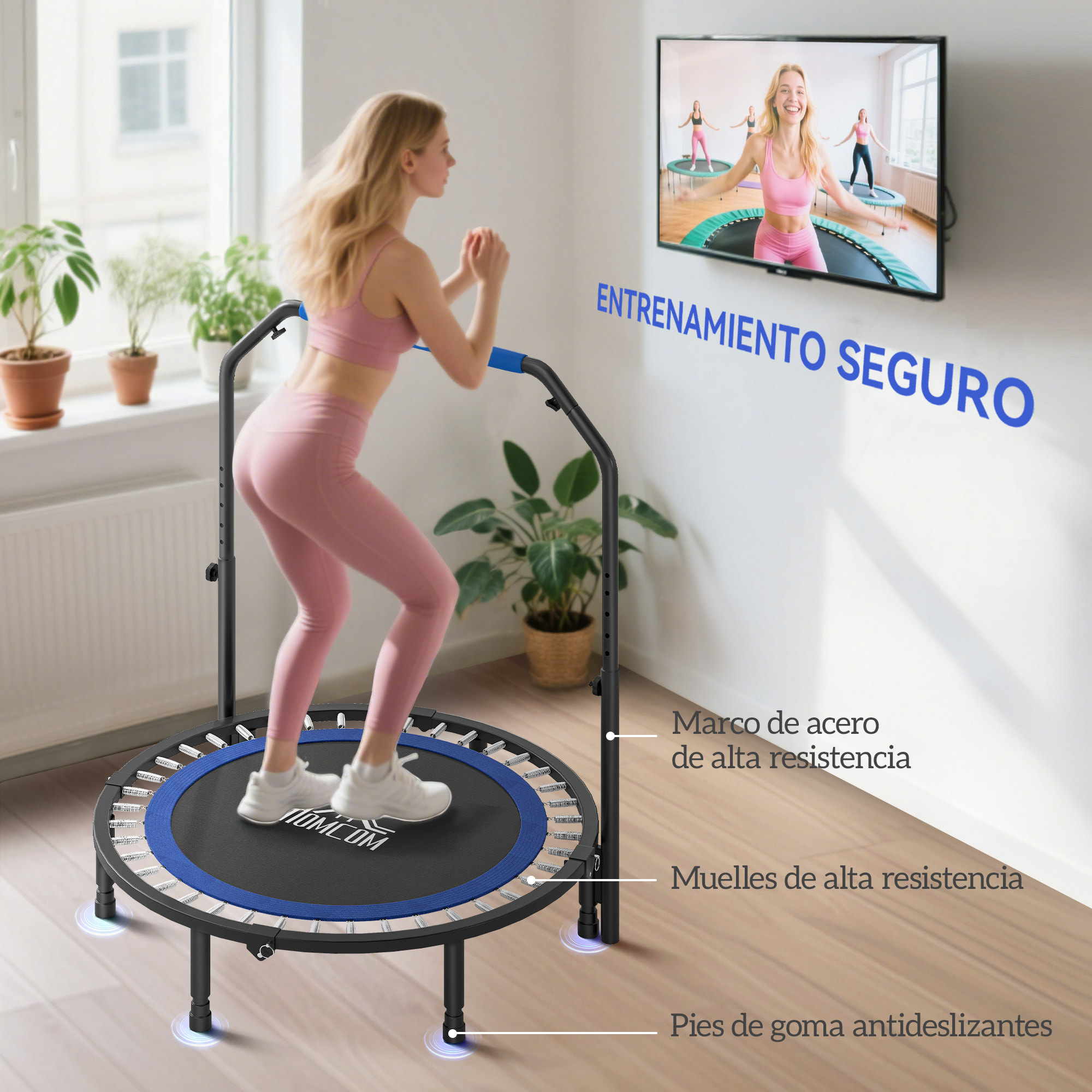 Trampolín de Fitness Adultos Ø114 cm, Cama Elástica Plegable con Mango Ajustable de 4 Niveles, Marco de Acero, para Entrenamiento Piernas, Cuerpo en Hogar, Oficina, Gimnasio, Azul y Negro