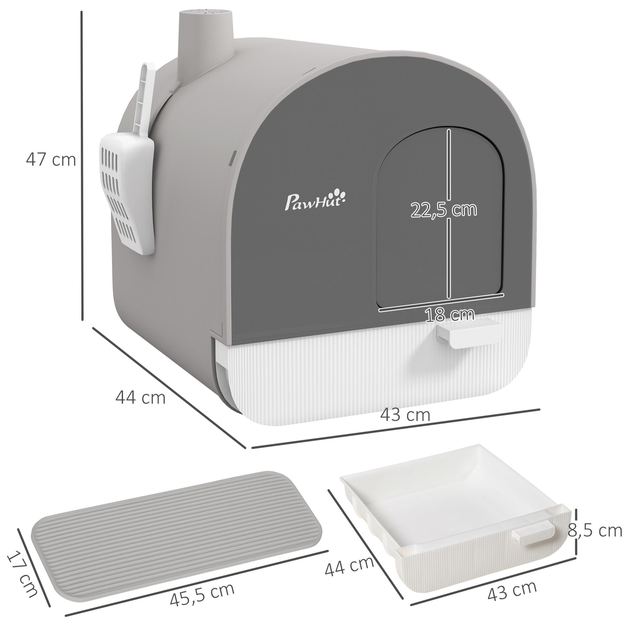 Caja de Arena para Gatos Arenero Cerrado para Gatos con Puerta Delantera Bandeja Extraíble Pala Alfombra y Filtro 43x44x47 cm Gris