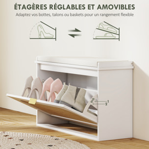 Banc à chaussures style bohème porte façade rotin poignée dorée coussin intégré blanc