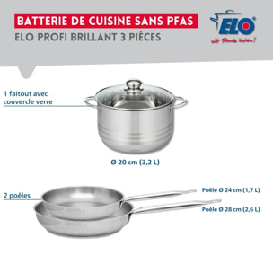 Ensemble de 2 Poêles de cuisson 24 et 28 cm et 1 faitout 20 cm Elo Profi Brillant