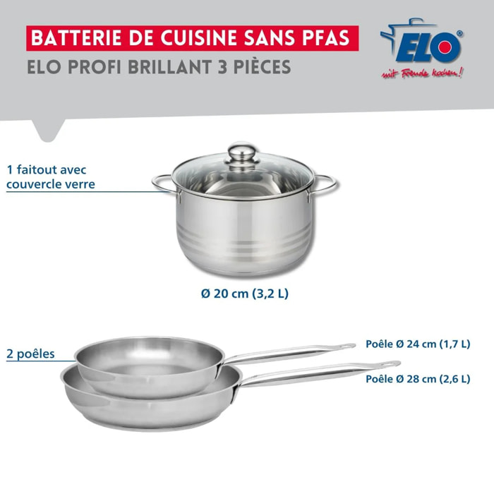 Ensemble de 2 Poêles de cuisson 24 et 28 cm et 1 faitout 20 cm Elo Profi Brillant