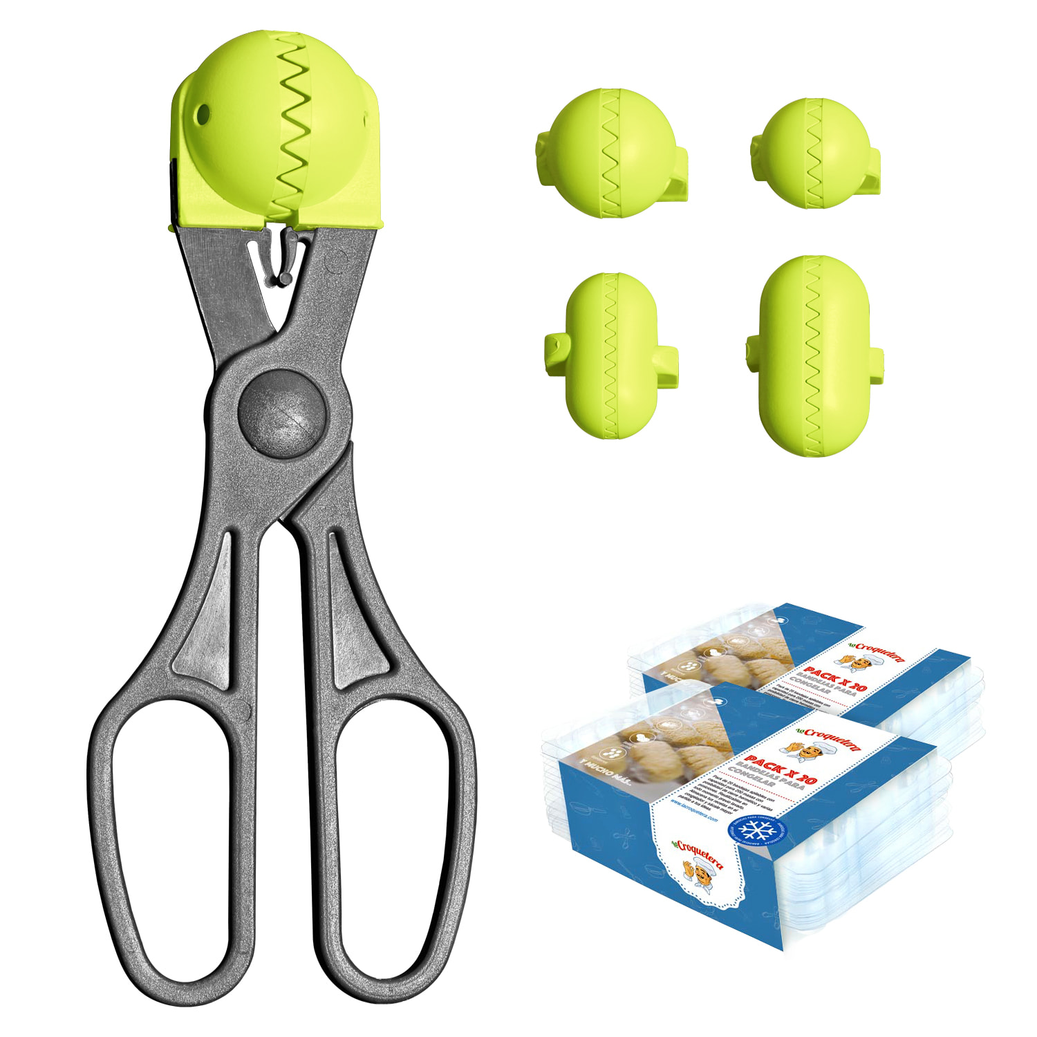 Pack utensilio multiusos con 4 moldes intercambiables color pistacho + 40 bandejas de conservación - La croquetera: patentado y fabricado en España